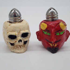 Skull & Devil Shaped Salt Pepper Shakers Stainless Steel Tops Ceramic Halloween